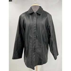 Women's Black genuine leather jacket coat size Large zipper and button enclosure
